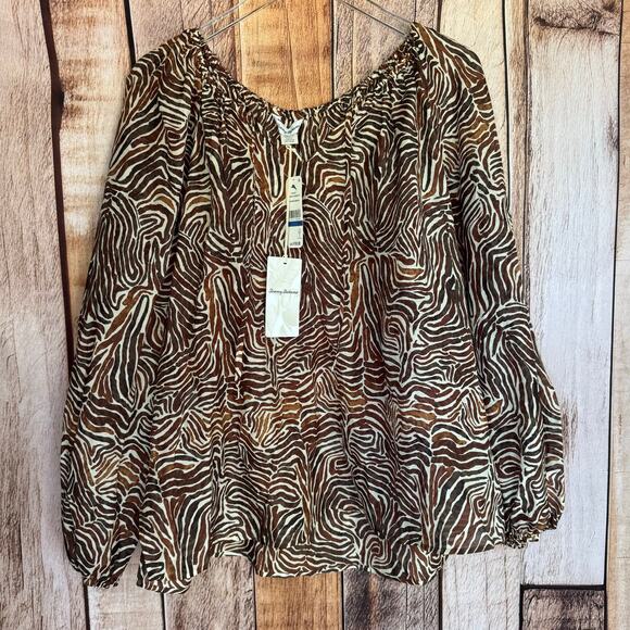 Tommy Bahama Blouse Zen Zebra Peasant Top Animal Print Fall Long Sleeve XL NWT - Picture 1 of 9